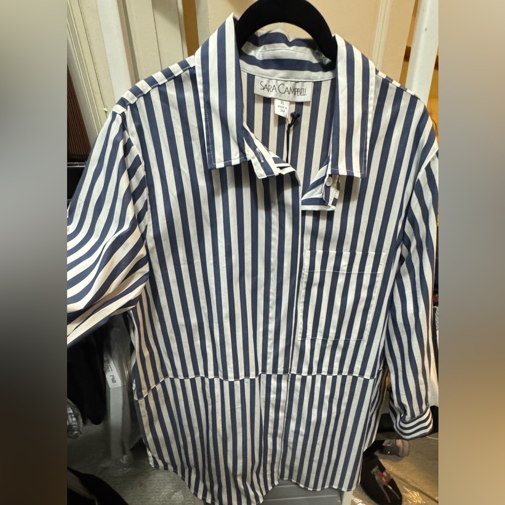 Sara Campbell Scottie Shirt, blue and white striped.
